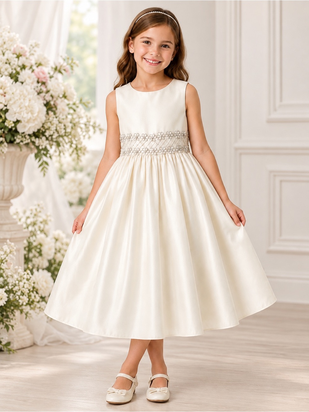 American Princess Ivory Pearls & Beaded Waist Dress